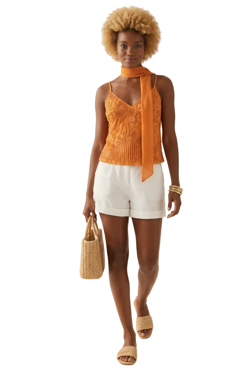 Sequin Beaded Camisole Top with Choker Scarf