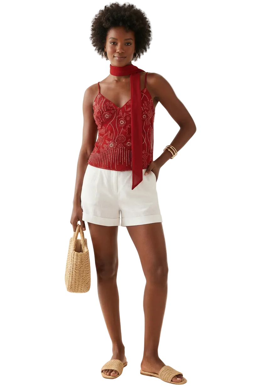Sequin Beaded Camisole Top with Choker Scarf