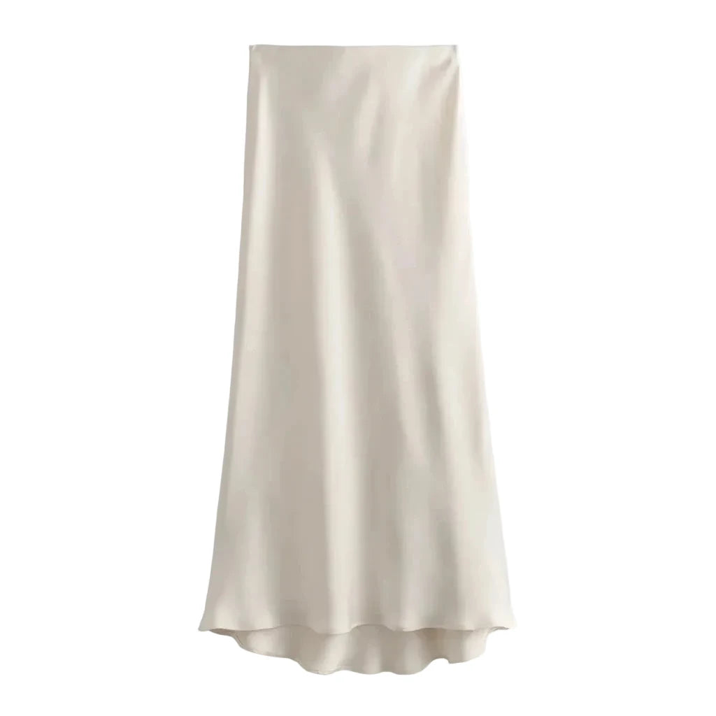 Beige satin skirt on a white background