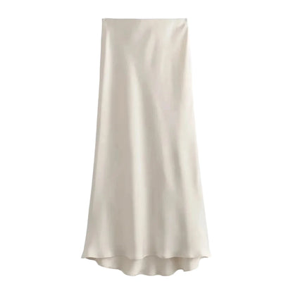 Beige satin skirt on a white background