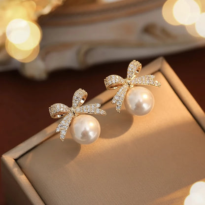 Pearl Bow Drop Earrings