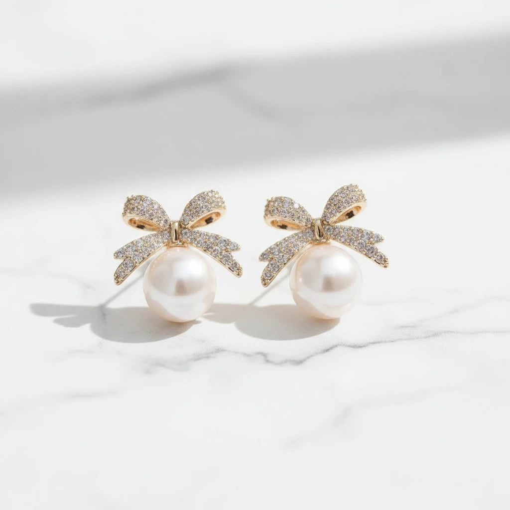 Pearl Bow Drop Earrings
