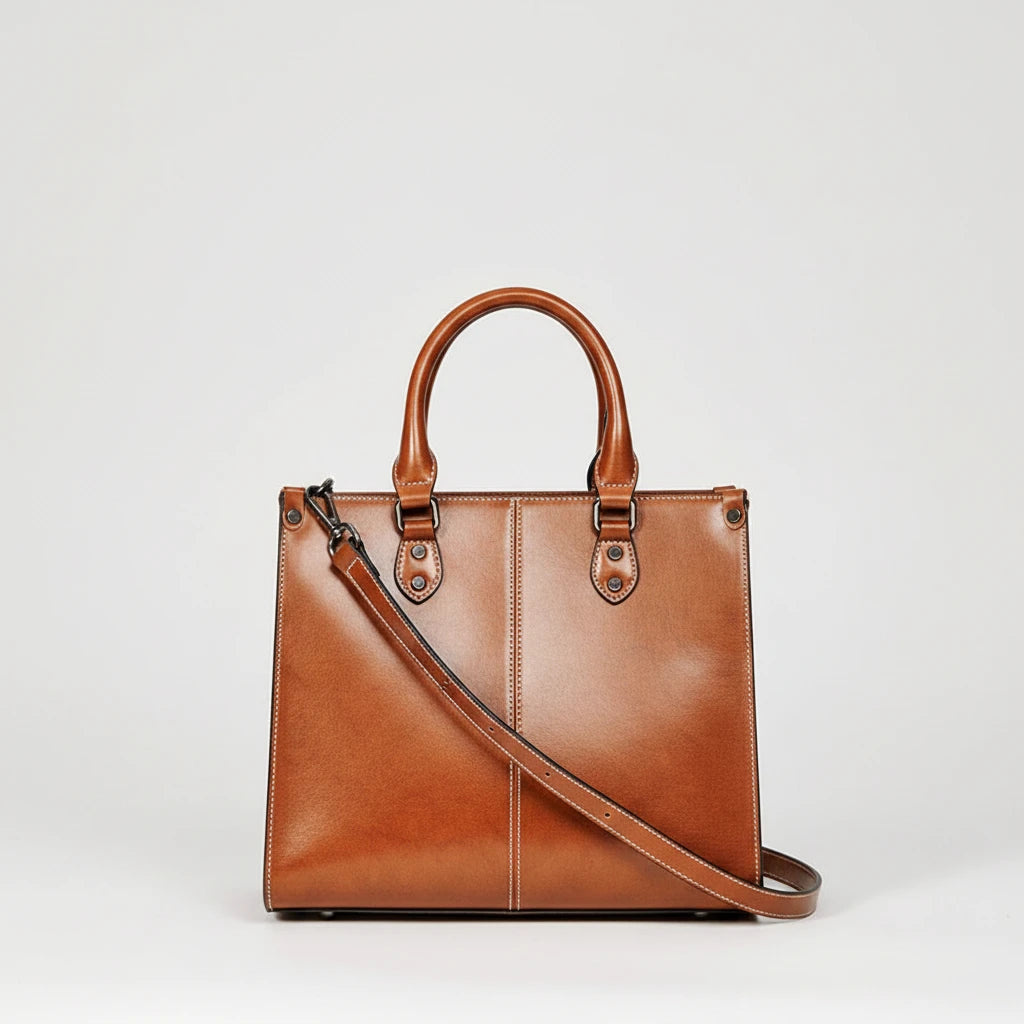 Brown leather handbag held by a person wearing a white outfit on a light gray background