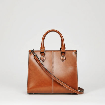 Brown leather handbag held by a person wearing a white outfit on a light gray background