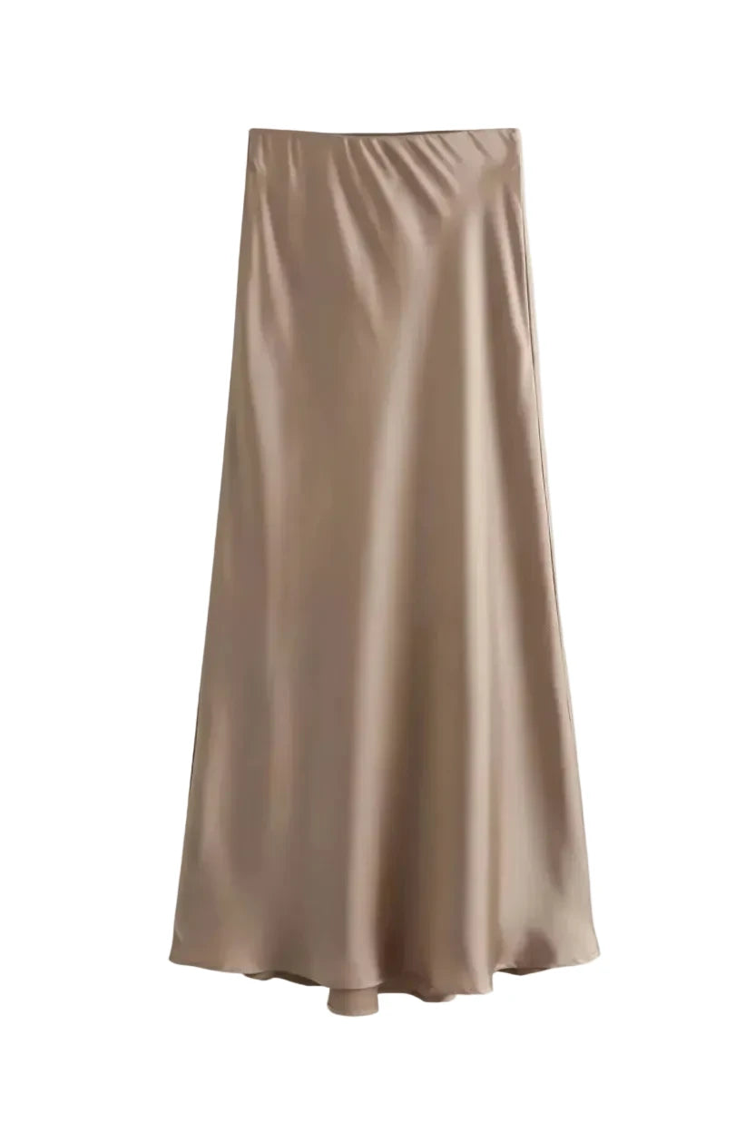 Beige satin skirt on a white background